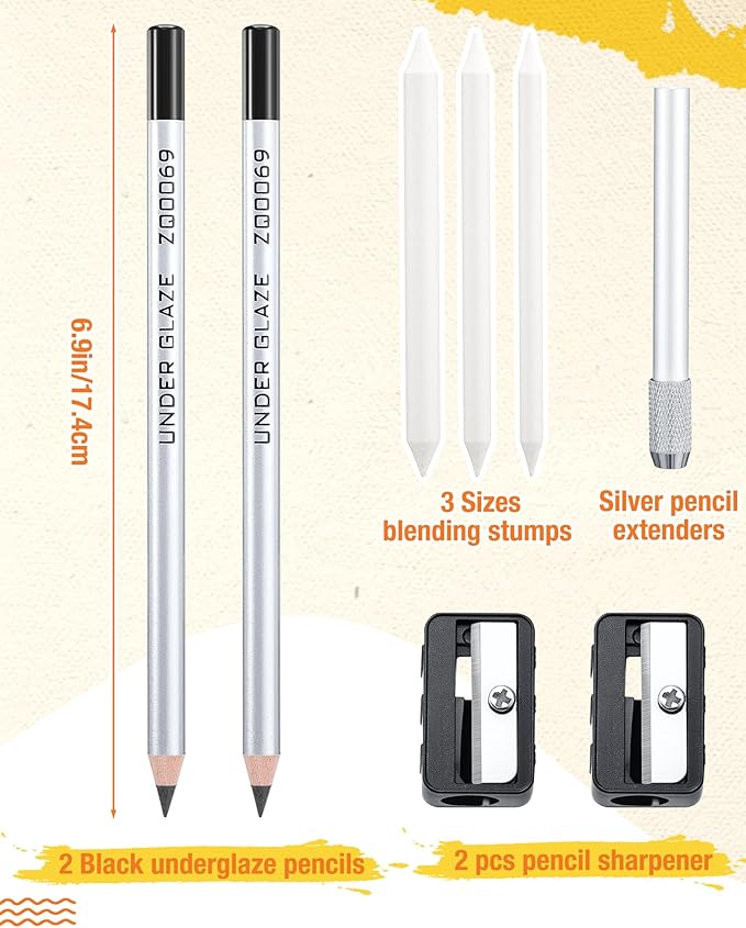 9 Pcs Underglaze Pencil Kits 2 Pcs Black Underglaze Pottery Pen for Ceramics with Blending Stump Pencil Extenders Sharpener Pen Case for Decorating Under Ceramic Pottery Bisque Ware