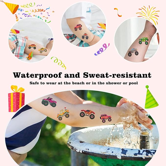 104 PCS Monster Truck Temporary Tattoos for Kids Party Supplies, Individually Wrapped Monster Truck Fake Tattoos Temp Tattoo Stickers for Boys Girls Birthday Party Favors Decorations Activities