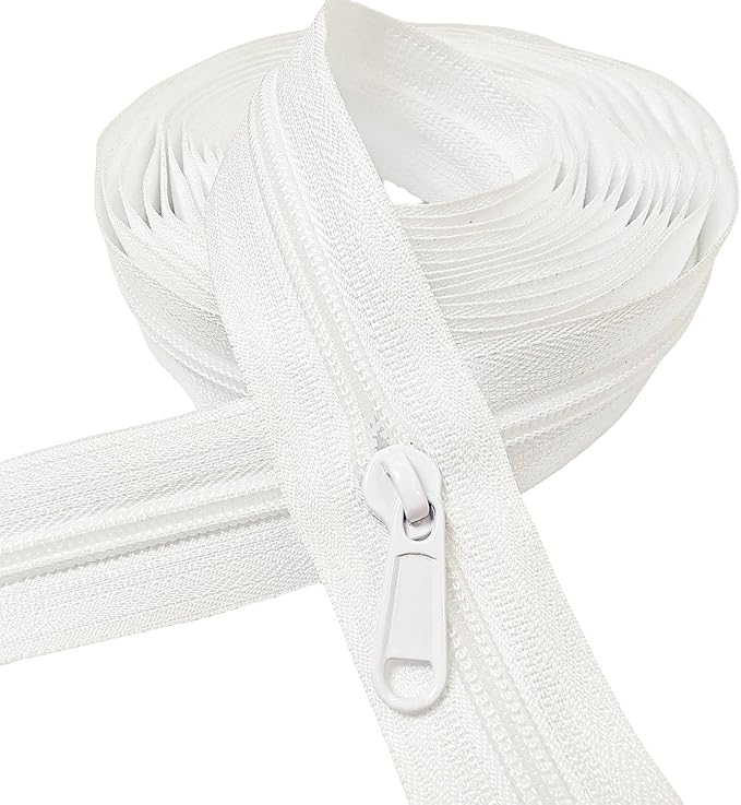 MebuZip #5 Nylon Coil Zippers by The Yard Bulk Zipper Roll Zipper Tape 10 Yards with 25pcs Pulls for Sewing Tailor DIY Craft Bags Pillows (White 10Yards)