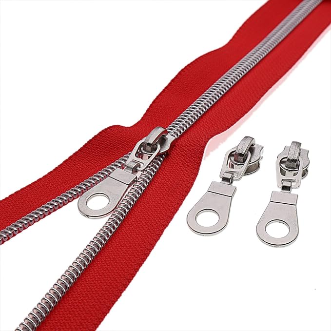 #5 Silver Metallic Nylon Coil Zippers by Yard Bulk Coil Zipper Roll 10 Yards with 25pcs Silver Pull for DIY Sewing Craft Bag(Red) YIGUANXIN