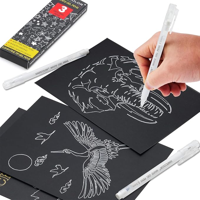 White Gel Pens, 0.5mm Extra Fine Point Opaque Archival Ink Pen for Black Paper Drawing, Art Highlight, Illustration, Bullet Journaling, Card Making & DIY Projects, 3 Pack