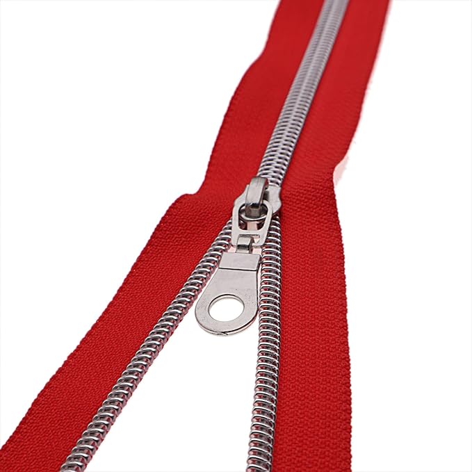 #5 Silver Metallic Nylon Coil Zippers by Yard Bulk Coil Zipper Roll 10 Yards with 25pcs Silver Pull for DIY Sewing Craft Bag(Red) YIGUANXIN