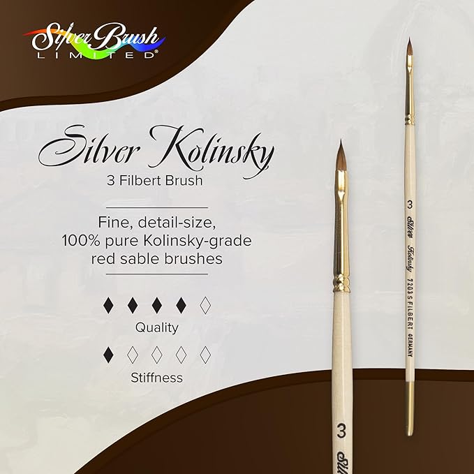 Silver Brush Limited 7203S-3 Silver Kolinsky Filbert Paintbrush for Oil, Acrylic, Watercolor, Gouache, Inks, & Dyes, Size 3, Short Handle