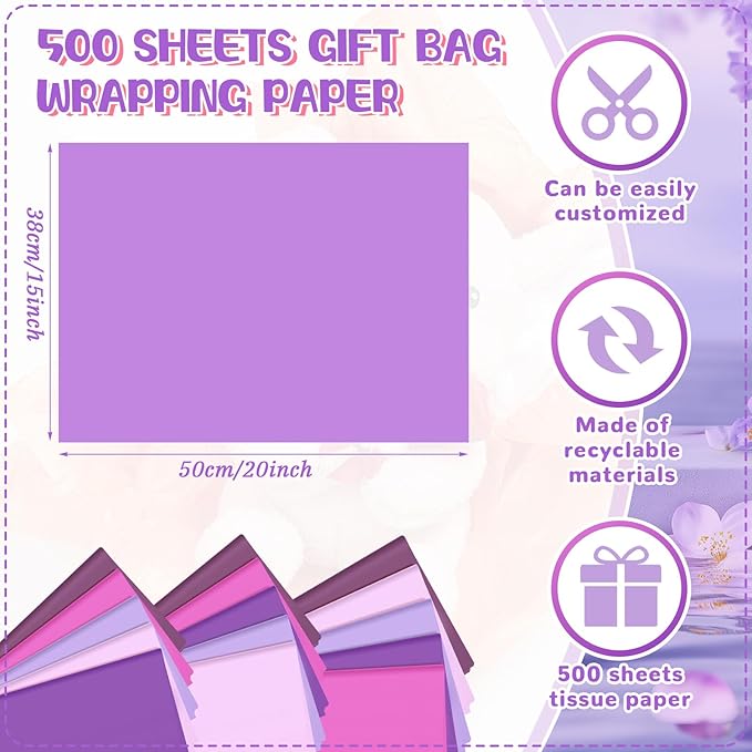 Qilery 500 Sheets Purple Tissue Paper Bulk for Gift Bags Flower Wrapping 15 x 20 Inch Acid Free Packaging Lavender Paper Sheets for Valentine's Day Easter Decoration DIY Craft, Wedding Party, Shipping