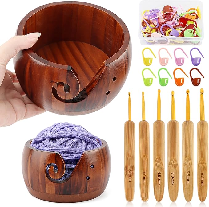 Yarn Bowl Holder, Wooden Knitting Bowl with 6pcs Crochet Hooks, 50pcs Crochet Stitch Markers, Large Yarn Holder Dispenser for Mom & Knitting Lovers