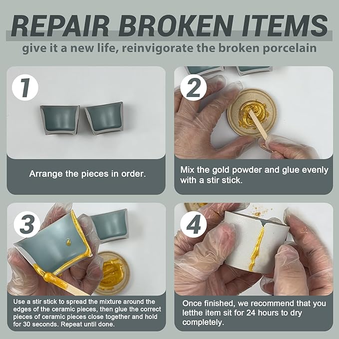 1DFAUL Bio Kintsugi Repair Kit Gold Food Safety Repair Your Meaningful Pottery, Dishwasher Safety, Perfect for Beginners, Bring Japanese Art to Your Home