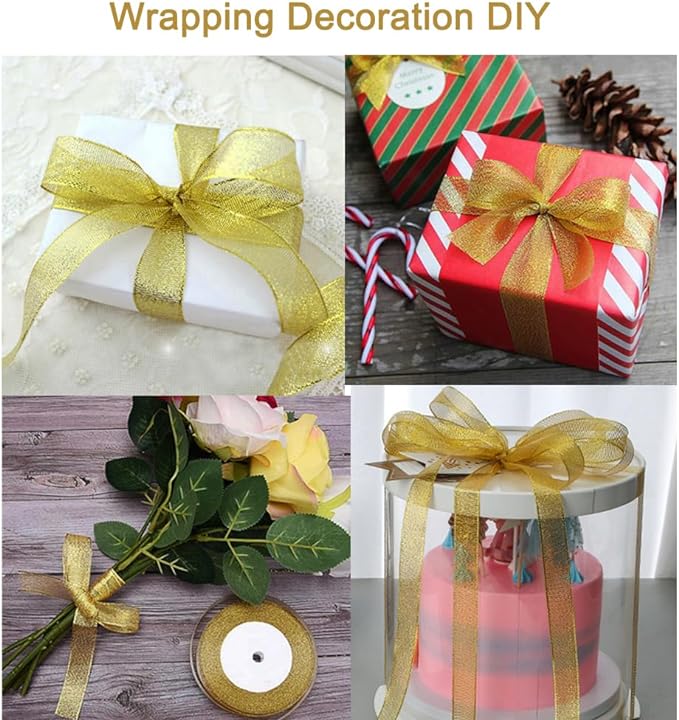 100 Yards Glitter Gold Ribbon 5/8 Inch, Sparkly Thin Solid Fabric Ribbon for Gift Wrapping, Crafts, Holiday Wedding Birthday Party Decoration Floral Bouquet, Metallic Gold Ribbon Roll