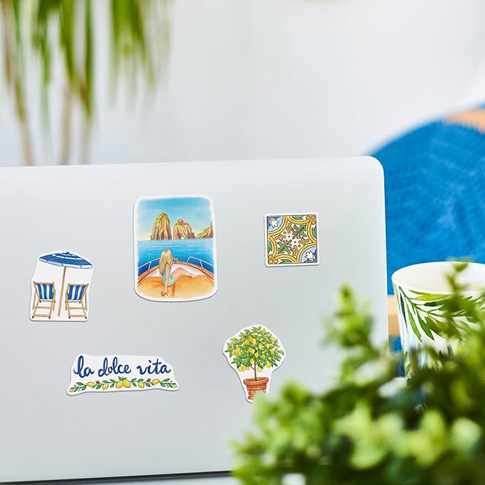Navy Peony Coastal Italy Statement Stickers - Hand-Illustrated Watercolor, Glossy, Waterproof - for Luggage, Laptops, Water Bottles (28 Pcs)