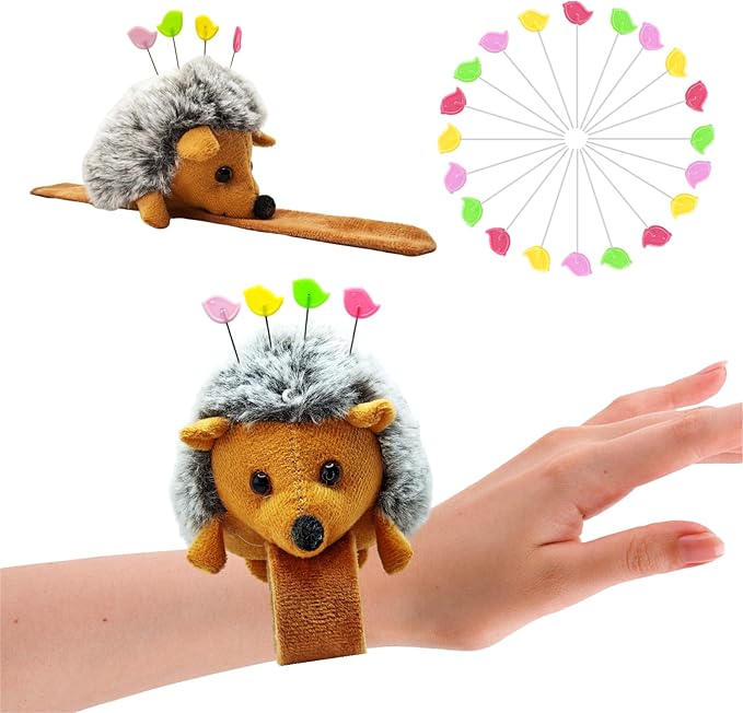 Cute Hedgehog Wrist Pin Cushion Kit for Sewing with 50 Lovely Bird Needles,Including Threader, Thimble ＆Tape Measure for Sewers Gift for Quilters.
