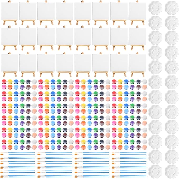 Qilery 24 Set 4 x 4 Inch Mini Canvas Panels and Easel Painting Kit, 12 Colors Acrylic Strips Brush Palettes, Art Painting Kits for Artists Beginners Oil Acrylic Craft Party Favors