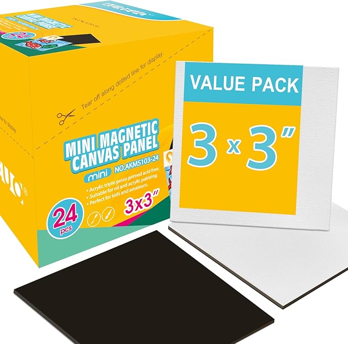 AUREUO Mini Magnetic Canvas Panel 3x3 Inch / 24 Pack - Small Square Flat Canvas Board with Magnet Back Art Gift Set Bulk Pack Tiny Thin Canvases for Christmas Painting & Craft