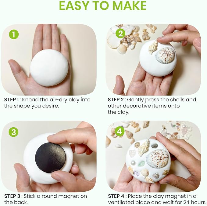 Lywex DIY Clay Magnet Kit, Air Dry Clay for Kids, Ultra Light & Soft, Safe & Non-Toxic, Fridge Magnets Making Kit with Shells, Pearls, Art Craft Gifts for Boys Girls