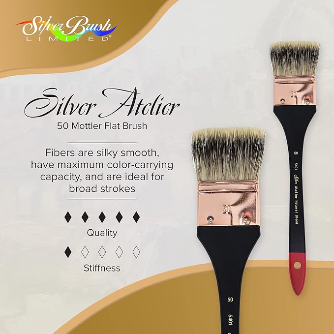 Silver Brush Limited 5401-50 Silver Atelier Badger/Synthetic Blend Mottler Flat Brush, Size 50, Extra Long Handle