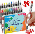 12 Automatic Ink Control Acrylic Paint Markers Dual Tip, No Bleed Brush Medium Tip Acrylic Paint Pens For Rock Painting, Wood, Fabric, Canvas, Glass, Plastic, Art Painting Supplies Kit