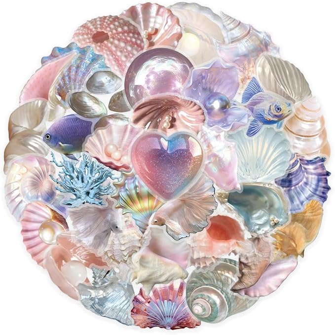 Colorful Shell Stickers for Teens Boy Girls Kids|50 Pcs|Clear PET Waterproof Stickers for Laptop Computer Phone Tablet Scrapbook Flasks Water Bottle Bike Notebook Cup,Gorgeous Decals Pack(Shell)