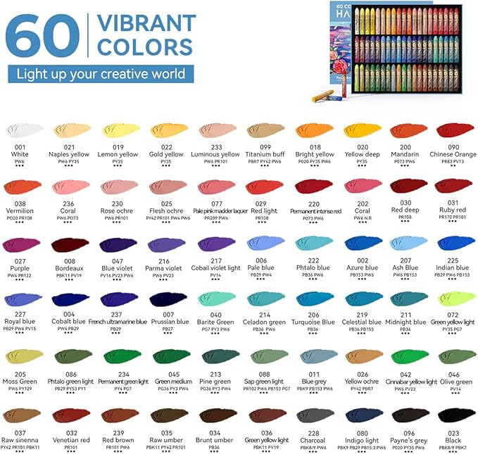 Paul Rubens Oil Pastels Set - 60 Vibrant Colors, Ultra-Soft and Creamy Texture, Easy to Blend for Artists and Beginners - Bullet Head Design for Drawing, Painting, Sketching - New Packaging