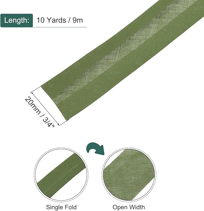 MECCANIXITY 3/4 Inch Single Fold Bias Tape Polyester Continuous Bulk Bias Tape for Sewing, Seaming Quilting Hemming Binding Crafts (Dark Green 10 Yards)