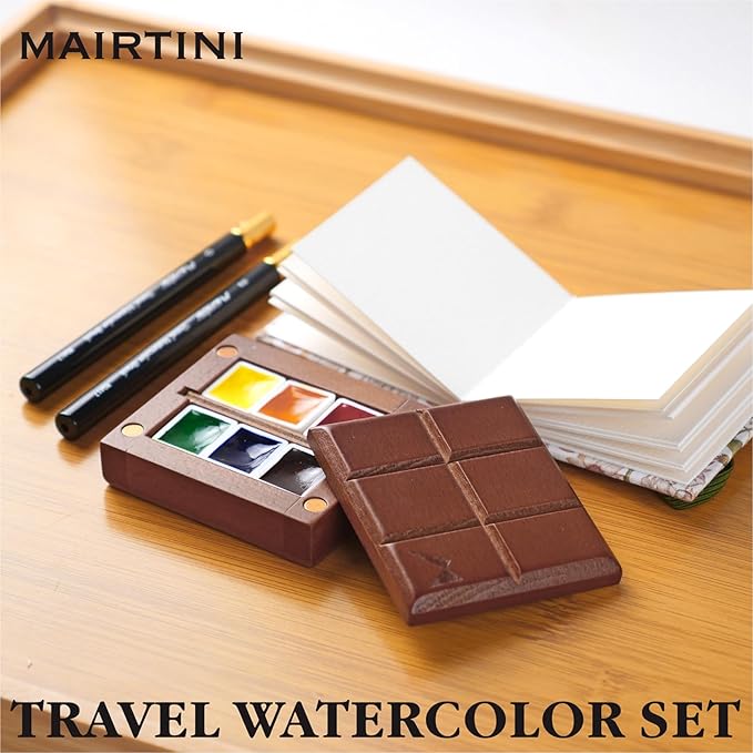 Mairtini Bouguereau Series Mini Watercolor Travel Set 6 Colors with Mini Wooden Case Watercolor Paint Kit with Two Travel Brushes and One Watercolor Pad for Painting Outside