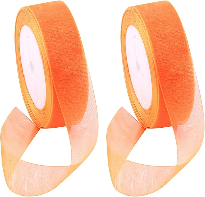 Swpeet 2 Rolls 50 Yards x 1 Inch Orange Shimmer Sheer Fabric Ribbons Organza Ribbon, Transparent Sheer Ribbon Chiffon Fabric Ribbons for Bouquets Wedding Birthday Decoration