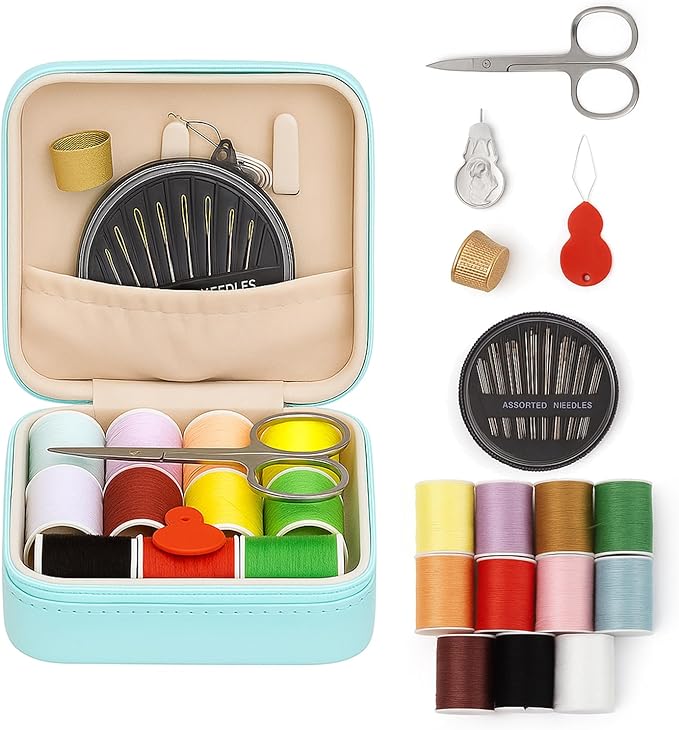 Saipe Portable Sewing Kit Basic Needle and Thread Kit for Beginners and Advanced Sewing Supplies and Accessories Stylish Case with Thread in 11 Colors, Scissors, Needles and Threader (Blue)