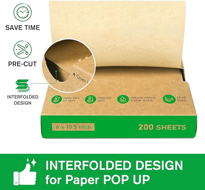 EcoDispose Precut POP UP Deli Paper Sheet Pack of 200, Interfolded Heavy Paper for Food Wrap and Serving (6" x 10-1/2",Kraft)