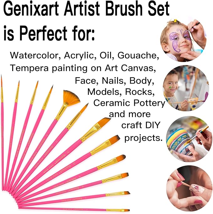 Genixart Paint Brush Set for Acrylic Oil Watercolor, Synthetic Nylon Hairs Artist Paintbrushes for Nail Face Body Professional Art Painting, 12 Pack Paint Brushes for Students Adults (PinkRed)