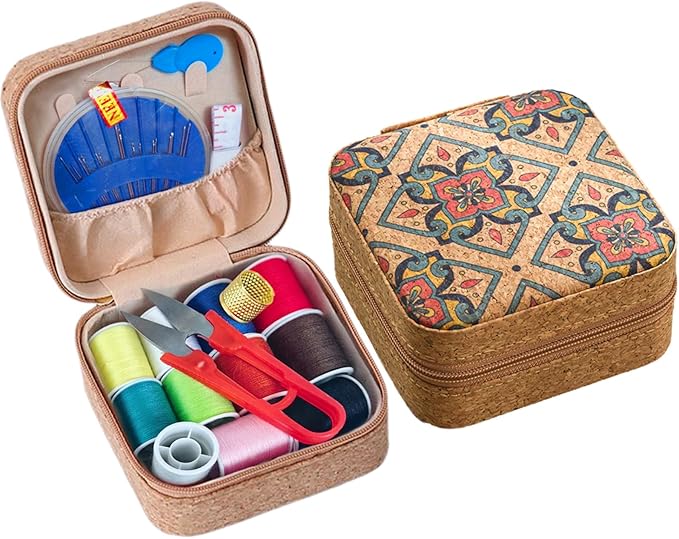 Sewing kit,Portable Travel Sewing Kit ，Vintage Soft Wood Print Sewing Kit,Mini Sewing Kits Storage Box,with 11 Color Thread, Scissors, Needles, Tape Measure and Other Accessories (Enchanted Grass)