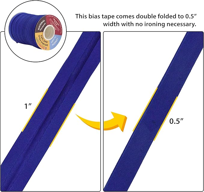 Mandala Crafts 55 Yards 1/2 Inch Blue Double Fold Bias Tape for Sewing - Bias Binding Tape for Quilting Binding, Hemming, Seam, and Fabric Piping