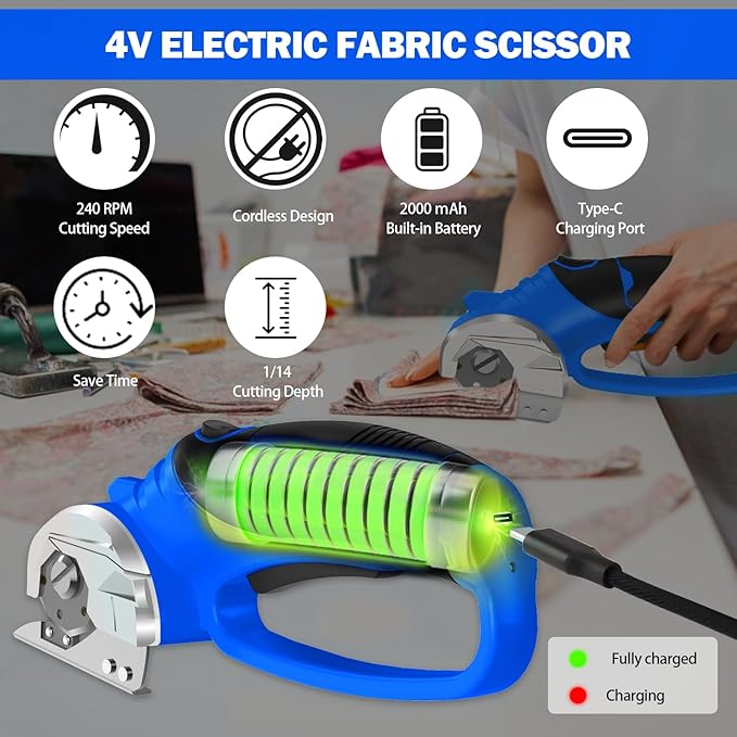 Cordless Electric Scissors, 4V Box Cutter & Cardboard Cutter with Upgrade Blade, LED Light, Safety Lock - Rechargeable Rotary Cutter for Fabric, Leather, Plastic, Sewing, Industrial (Royal Blue)