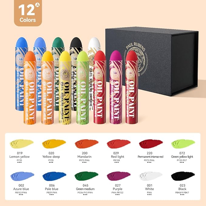 Paul Rubens Large Oil Pastels Set - 12 Colors A (0.79" x 4.72" Jumbo Sticks), Vibrant Colors, Creamy Texture and Blends Easily for Artists, Students and Professionals, Ideal for Filling in Large Areas