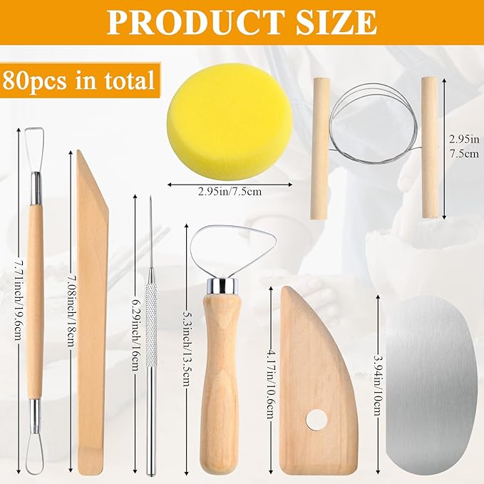 Supkiir 80Pcs Pottery Tool Kit 10Pack Clay Sculpting Tool Set, Includes Ceramic Cutting Modeling Trimming Carving Smoothing Kit Tools with Wooden Handle for Beginners Artist Carving Shaping