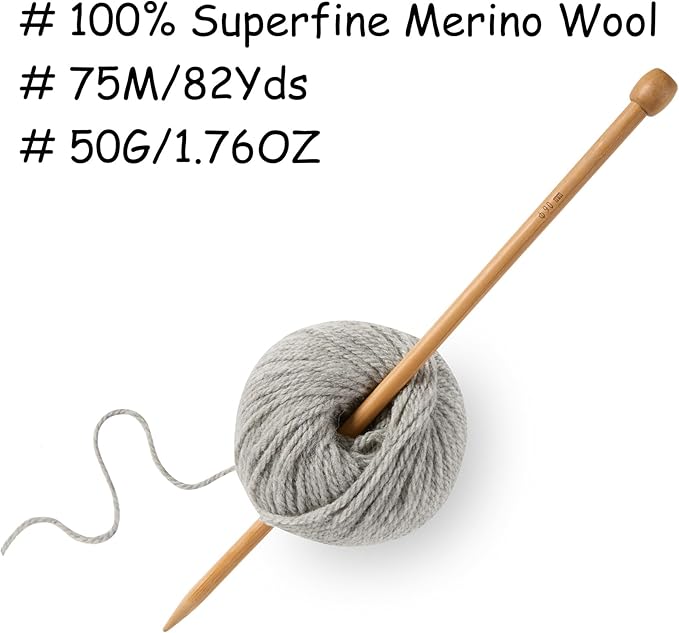 100% Merino Wool Yarn, 3-Ply Luxurious and Soft Yarn for Hand Knitting & Crocheting (Light Gray,1Ball)