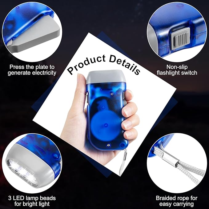 Treela 36 Pcs Hand Crank Flashlights Operation Christmas Bulk Items Squeeze Flashlight No Battery Required Torchlight 3 Powered Charging for Emergency(Blue)