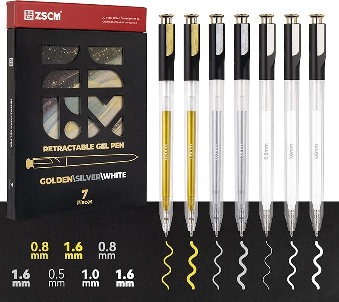 Retractable White Gold Silver Gel Pen, 7 Nib Sizes - Precision Large Capacity Opaque Archival Gel Ink Pens, Fine Point Smooth Writing Highlighter Pens for Black Paper Note Taking Art Supplies