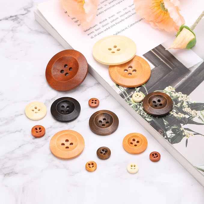 uxcell 80Pcs Wooden Buttons, 20mm(13/16") 4 Hole Round Wood Sewing Button Craft for Sewing DIY Craft Clothing, Brown