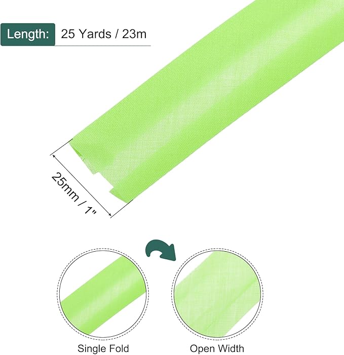 MECCANIXITY 1 Inch Single Fold Bias Tape Polyester Continuous Bulk Bias Tape for Sewing,Seaming Quilting Hemming Binding Crafts (Fruit Green 25 Yards)