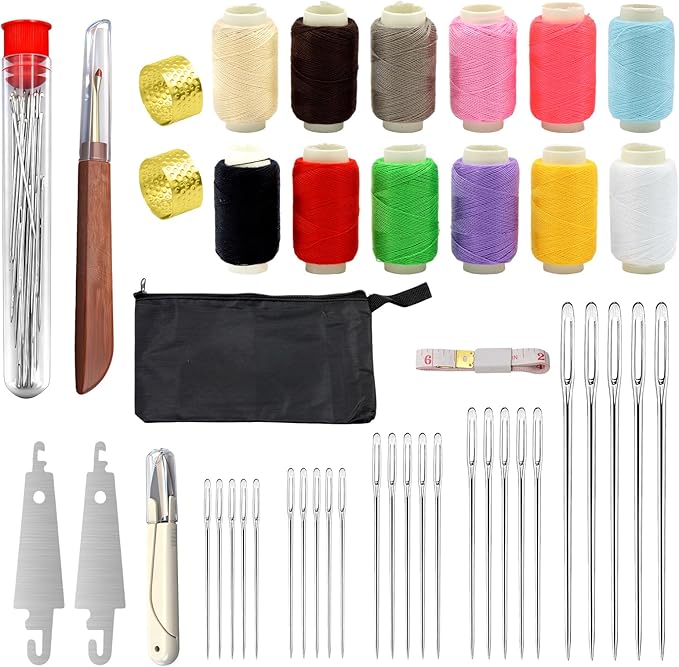 46 Pcs Big Eye Steel Sewing Needle Kit, Portable Stainless Steel Sewing Needle Kit, 25 Steel Needles for Hand Sewing, 12 Colors Threads, Scissor, Storage Bag, DIY Craft Repair Tools for Daily Use﻿