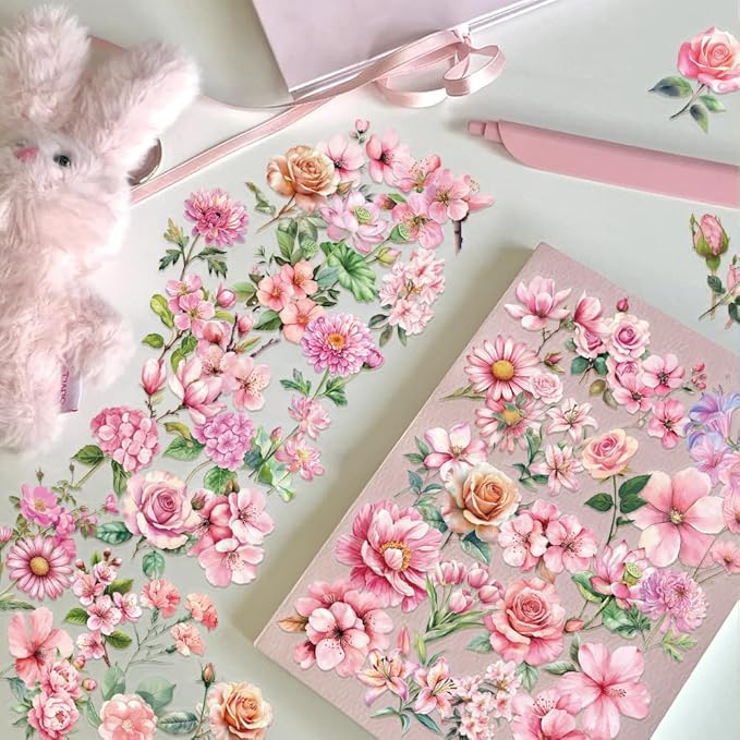Pink Floral Waterproof Stickers for Scrapbooking – 50pcs Transparent Flower Decals for Journaling, Planner, Cardmaking, Laptops, Mug Decoration