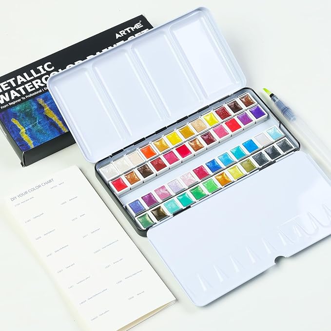 ARTSY Metallic Watercolor Paint Set – 48 Glitter Colors in A Metal Case with Palette Perfect for Artists, Hobbyists, Students, Beginners