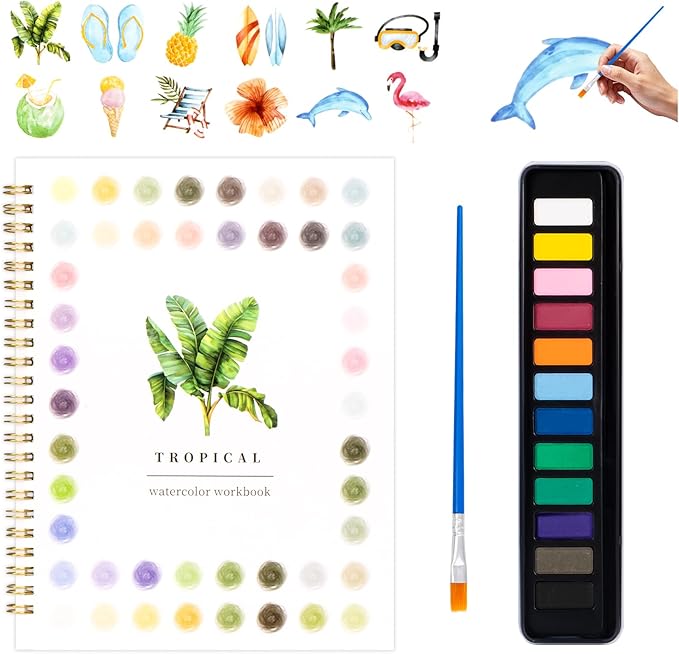Kivzex Watercolor Workbook for Adults, Beginner Friendly Watercolor Painting Kit Tropical Water Coloring Book, Nature-Themed Practice Art Gift Water Color Paint Book with Palette and Brush