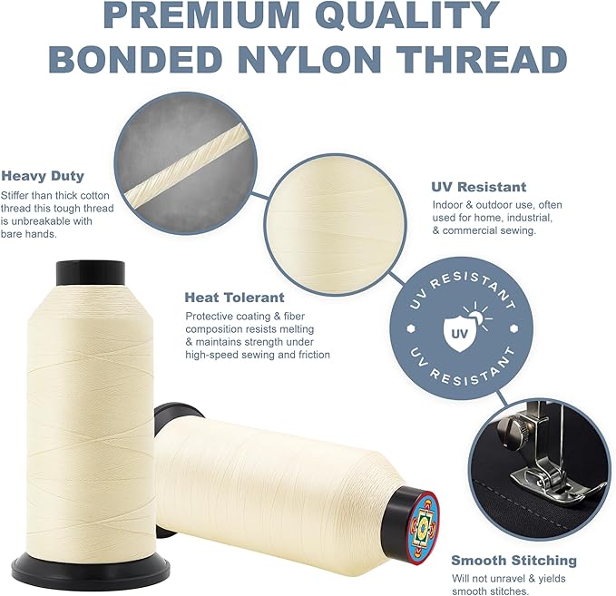 Mandala Crafts Size 69 210D T70 Bonded Nylon Thread - Ivory 1500 YDs Tex 70 Heavy Duty Sewing Threads for Leather, Jeans, Weaving, Outdoor Marine Upholstery