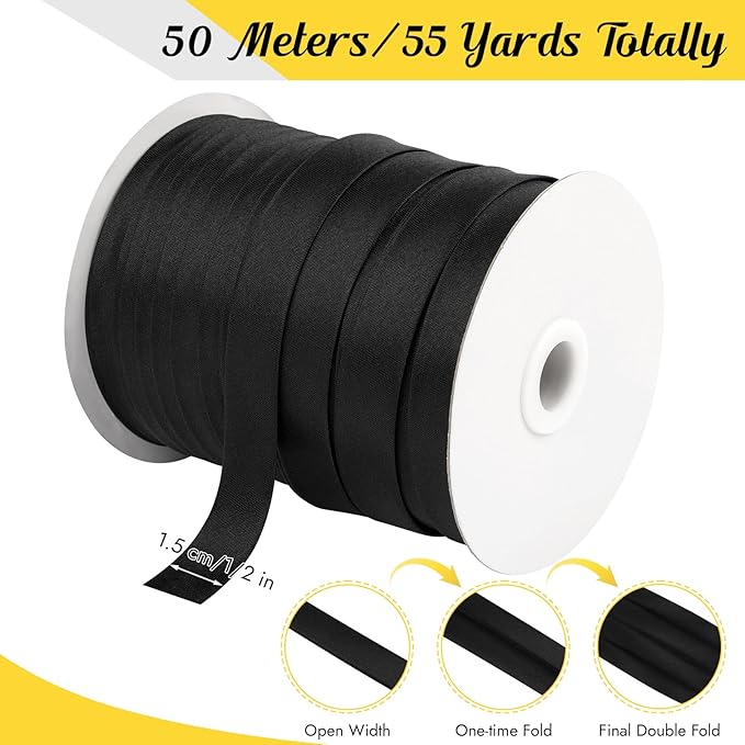 Double Fold Bias Tape, 1/2 Inch x 55 Yards Bias Binding Tape, Black Polyester Binding Tape for Sewing, Hemming, Quilting, Seaming, Fabric Piping, DIY Crafts