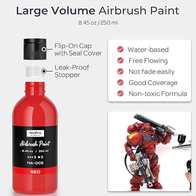 Nicpro Red Large Airbrush Paint (8.45 oz, 250 ml) Ready to Spray Opaque Water-Based Acrylic Air Brush Paints for Model, Wood, Canvas, Metal, Plastic, Leather, for Beginners & Artists