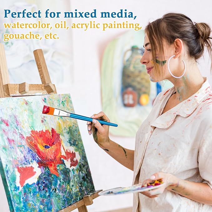 1 Inch Flat Paint Brushes for Acrylic Painting, 12 Pcs Acrylic Paint Brush Bulk, Arts Crafts Paintbrushes with Wooden Handle for Watercolor Oil Face Body Art Kids Adult Artist