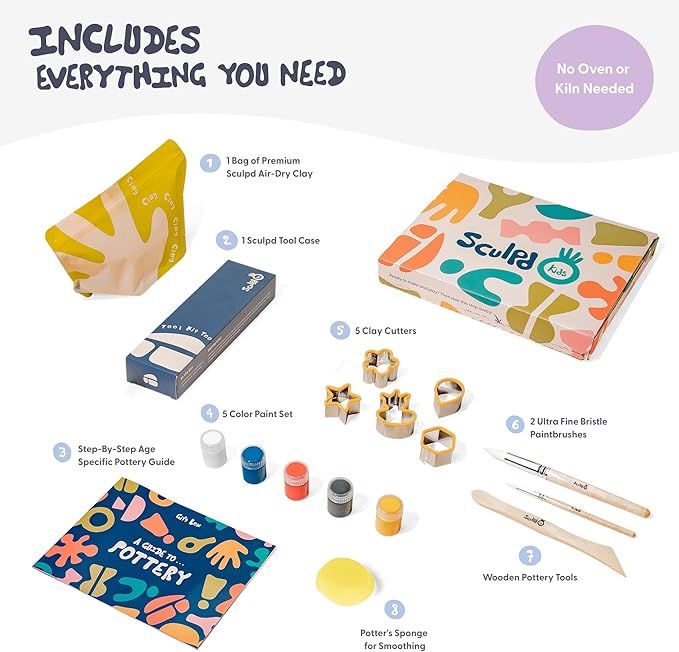 Sculpd - The Original Kids Pottery Kit, Air-Dry Clay Starter Kit for Kids Age 7+, Air Dry Clay with 5 Colour Paint Set, Paintbrushes, Pottery Tools, Clay Cutters, Sponge and Step-by-Step Guide