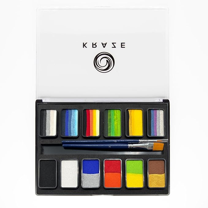 Kraze FX Transform Palette - 12 x 10 gm, Professional Face Painting, One Stroke Split Cake Palette, Water Activated, Hypoallergenic, Safe, Non Toxic Face Paint Kit for Kids & Adults