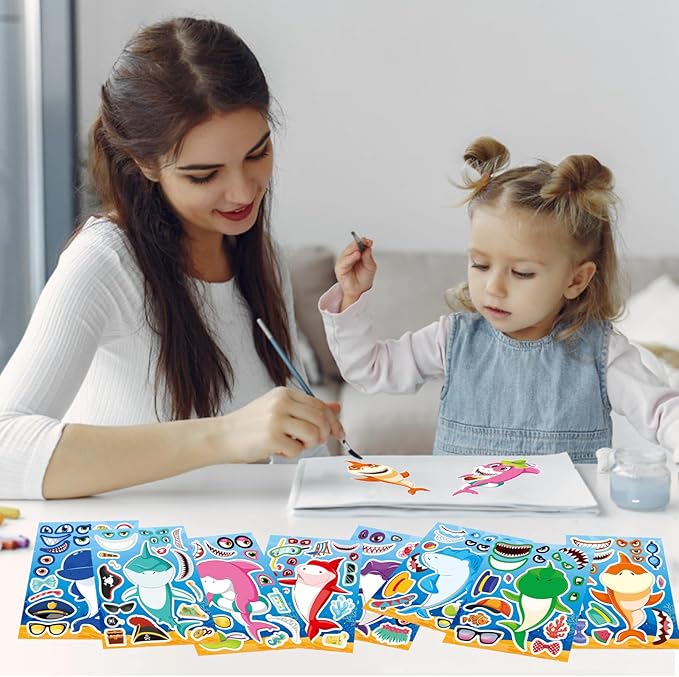 24 Sheets Make Your Own Shark Stickers for Kids Toddlers, Sea Ocean Animals Birthday Party Favors Activities