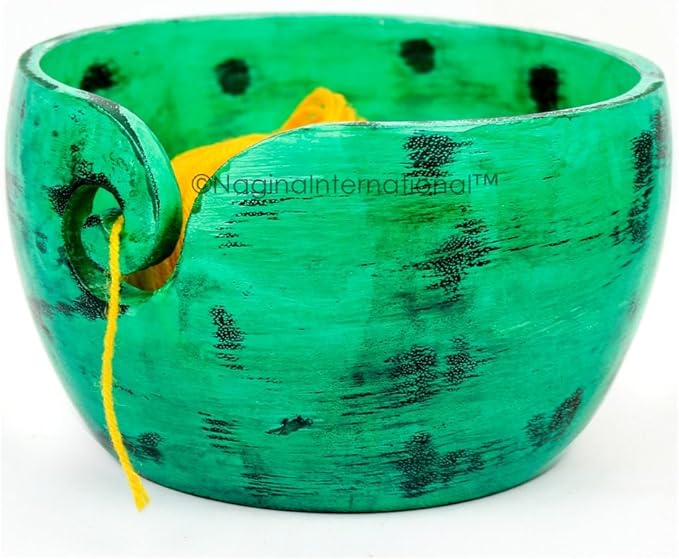 Nagina International Exquisite Yarn Ball Storage Bowls | Hand Painted Lovely Decor Yet Functional Yarn Dispenser (Medium ( 7 x 3 x 7 Inches ), Chameleon Green)
