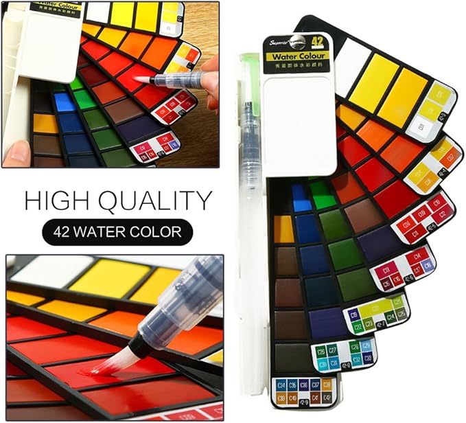 Watercolor Paint Set, 42 Assorted Colors Foldable Paint Set with Brushes, Travel Pocket Watercolor Kit, for Painters Students Artist Beginning Adults Field Sketch Outdoor Painting