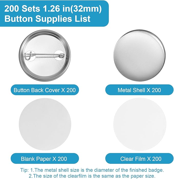 200Set 1.26 Inch Button Maker Supplies, 32mm Button Supplies Parts, Approx. 1.25 Inch Metal Blank Badge Parts with Blank Paper for Maker Machine Pin Maker Press